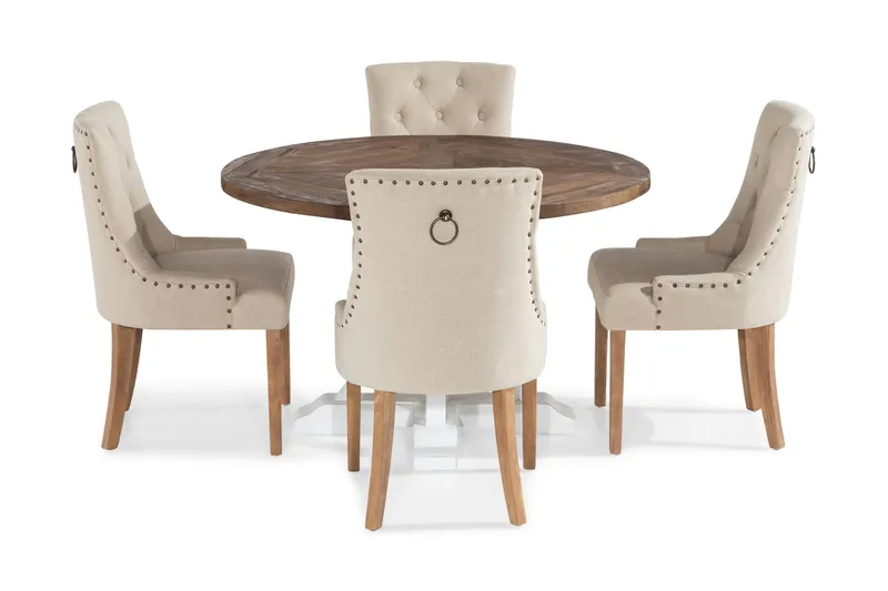 Ruokailuryhmä Yorkshire 120 cm Pyöreä 4 Ophelia tuolia - Puu/Valkoinen/Beige - Huonekalut - Pöytä & ruokailuryhmä - Ruokailuryhmä
