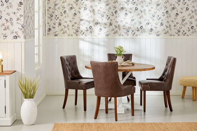 Ruokailuryhmä Yorkshire 120 cm Pyöreä 4 Hermione tuolia - Puu/Valkoinen/Musta PU - Huonekalut - Pöytä & ruokailuryhmä - Ruokailuryhmä