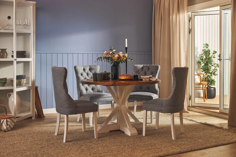 Ruokailuryhmä Yorkshire 120 cm Pyöreä 4 Lossmen tuolia - Ruskea / Valkoinen - Huonekalut - Pöytä & ruokailuryhmä - Ruokailuryhmä