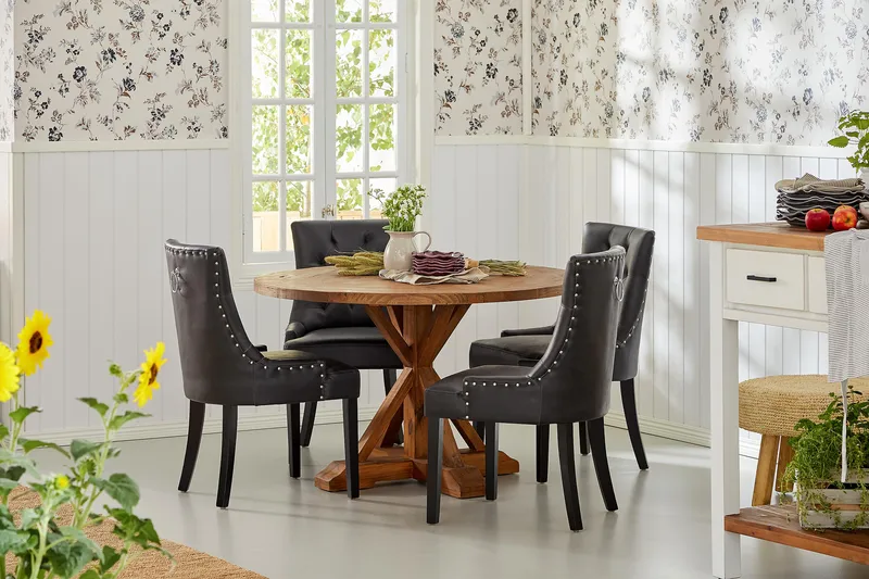 Ruokailuryhmä Yorkshire 120 cm Pyöreä 4 Hermione tuolia - Puu/Musta PU - Huonekalut - Pöytä & ruokailuryhmä - Ruokailuryhmä