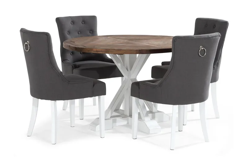 Ruokailuryhmä Yorkshire 120 cm Pyöreä 4 Ophelia tuolia, Puu/Valkoinen/Harmaa