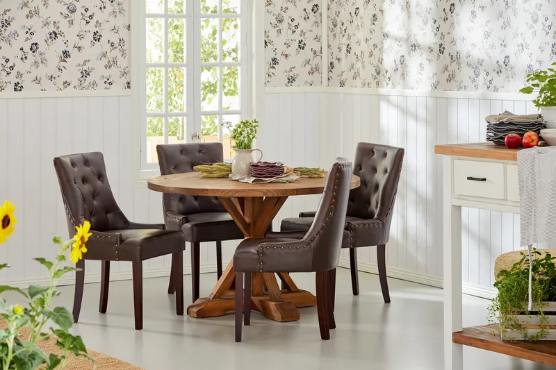 Ruokailuryhmä Yorkshire 120 cm Pyöreä 4 Hermione tuolia - Puu/Musta PU - Huonekalut - Pöytä & ruokailuryhmä - Ruokailuryhmä