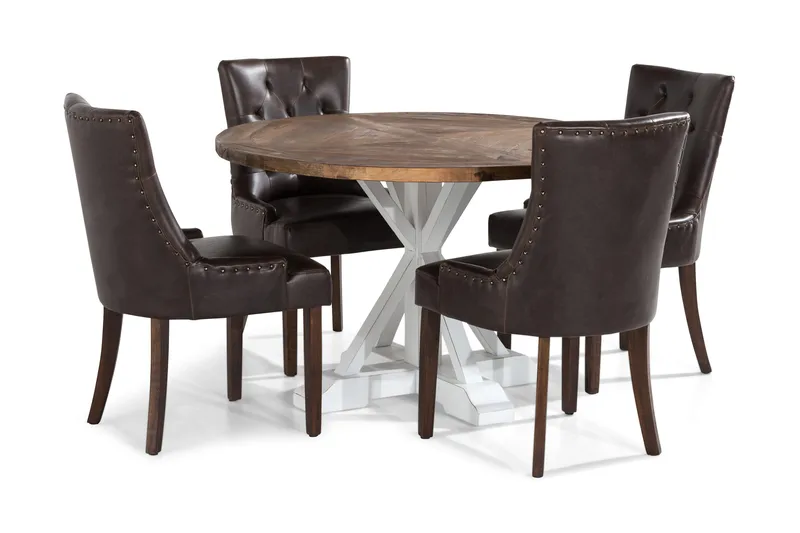 Ruokailuryhmä Yorkshire 120 cm Pyöreä 4 Hermione tuolia, Puu/Valkoinen/Musta PU