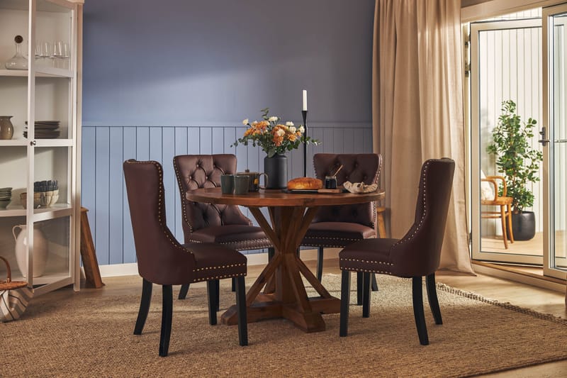 Ruokailuryhmä Yorkshire 120 cm Pyöreä 4 Lossmen tuolia Keino - Ruskea - Huonekalut - Pöytä & ruokailuryhmä - Ruokailuryhmä