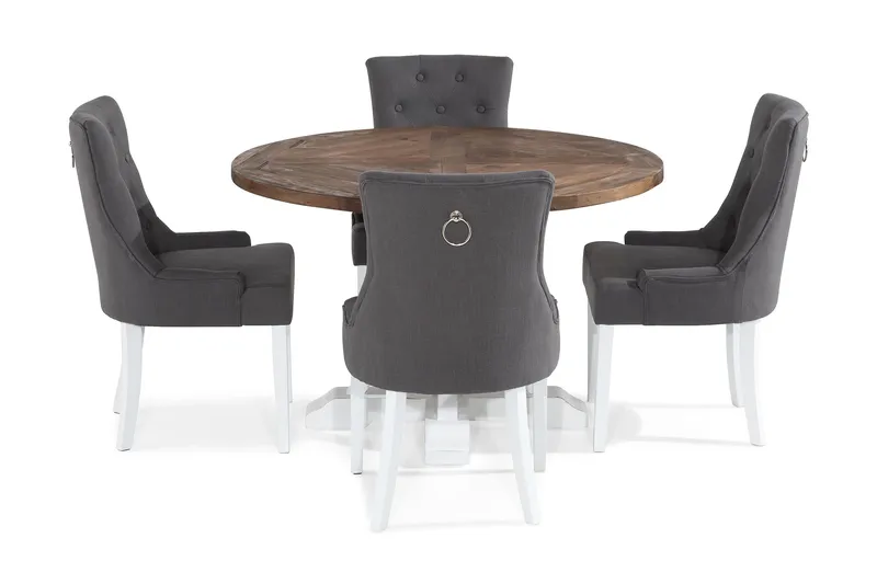 Ruokailuryhmä Yorkshire 120 cm Pyöreä 4 Ophelia tuolia - Puu/Valkoinen/Harmaa - Huonekalut - Pöytä & ruokailuryhmä - Ruokailuryhmä