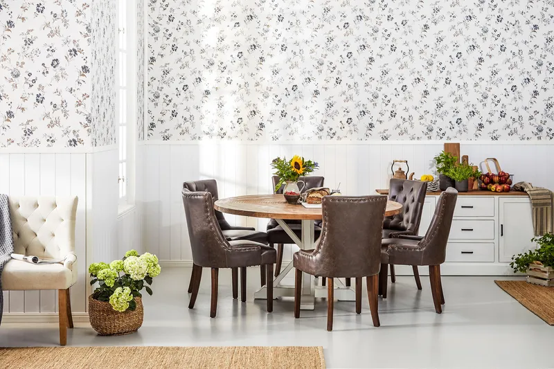 Ruokailuryhmä Yorkshire 150 cm Pyöreä 6 Hermione tuolia - Vintage Luonnonväri/Valk/Ruske - Huonekalut - Pöytä & ruokailuryhmä - Ruokailuryhmä