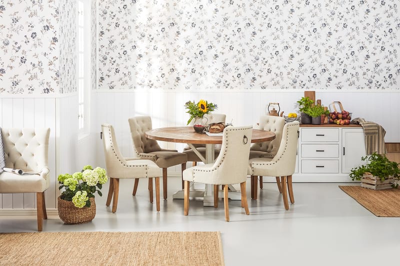 Ruokailuryhmä Yorkshire 150 cm Pyöreä 6 Ophelia tuolia - Vintage Luonnonväri/Valk/Beige - Huonekalut - Pöytä & ruokailuryhmä - Ruokailuryhmä