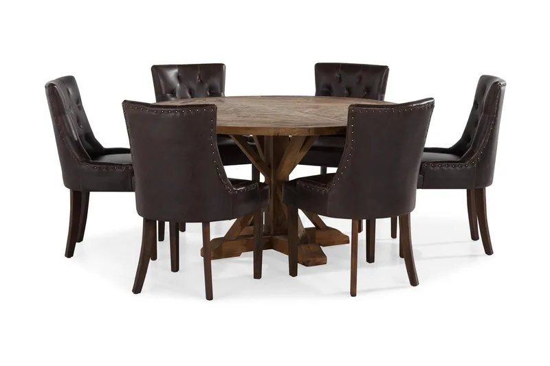 Ruokailuryhmä Yorkshire 150 cm Pyöreä 6 Hermione tuolia, Vintage Jalava/Ruskea PU