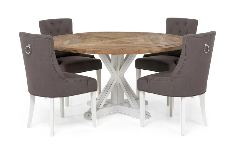 Ruokailuryhmä Yorkshire 150 cm Pyöreä 4 Ophelia tuolia, Vintage Luonnonväri/Valk/Harma