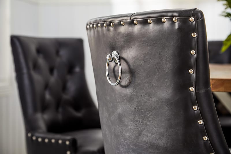 Ruokailuryhmä Yorkshire 150 cm Pyöreä 6 Hermione tuolia - Vintage Jalava/Valk/Musta PU - Huonekalut - Pöytä & ruokailuryhmä - Ruokailuryhmä