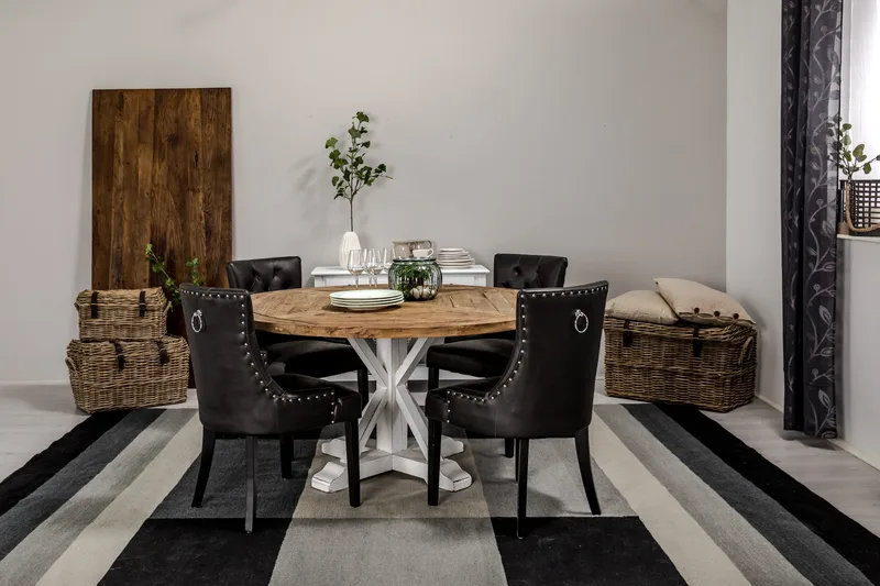 Ruokailuryhmä Yorkshire 150 cm Pyöreä 4 Hermione tuolia - Vintage Jalava/Valk/Musta PU - Huonekalut - Pöytä & ruokailuryhmä - Ruokailuryhmä