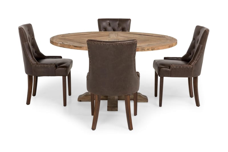 Ruokailuryhmä Yorkshire 150 cm Pyöreä 4 Hermione tuolia - Vintage Jalava/Ruskea PU - Huonekalut - Pöytä & ruokailuryhmä - Ruokailuryhmä