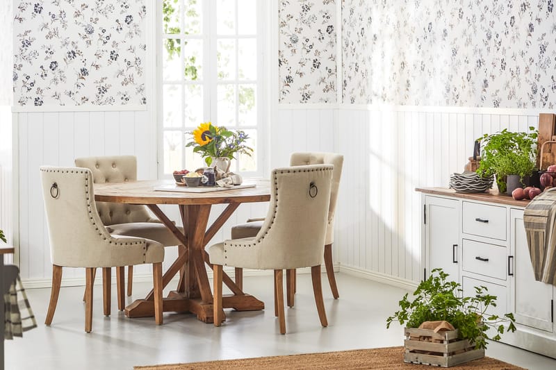 Ruokailuryhmä Yorkshire 150 cm Pyöreä 4 Ophelia tuolia - Vintage Jalava/Beige - Huonekalut - Pöytä & ruokailuryhmä - Ruokailuryhmä