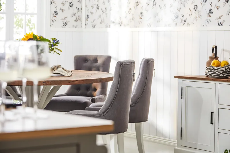 Ruokailuryhmä Yorkshire 150 cm Pyöreä 6 Ophelia tuolia - Ruskea/Tummanharmaa - Huonekalut - Pöytä & ruokailuryhmä - Ruokailuryhmä