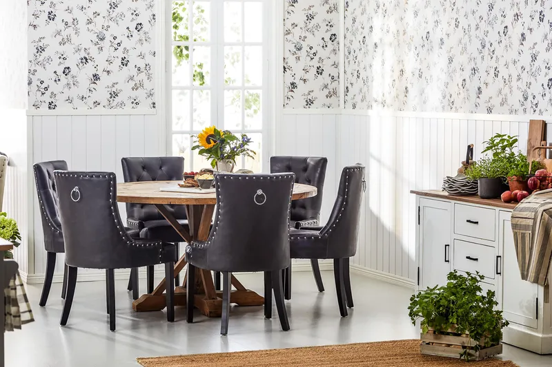 Ruokailuryhmä Yorkshire 150 cm Pyöreä 6 Hermione tuolia - Vintage Jalava/Musta PU - Huonekalut - Pöytä & ruokailuryhmä - Ruokailuryhmä