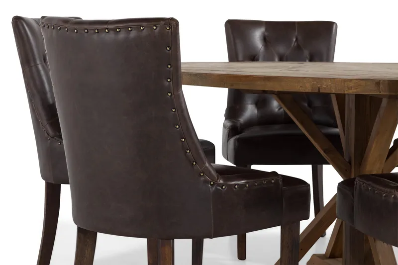 Ruokailuryhmä Yorkshire 150 cm Pyöreä 6 Hermione tuolia - Vintage Jalava/Ruskea PU - Huonekalut - Pöytä & ruokailuryhmä - Ruokailuryhmä