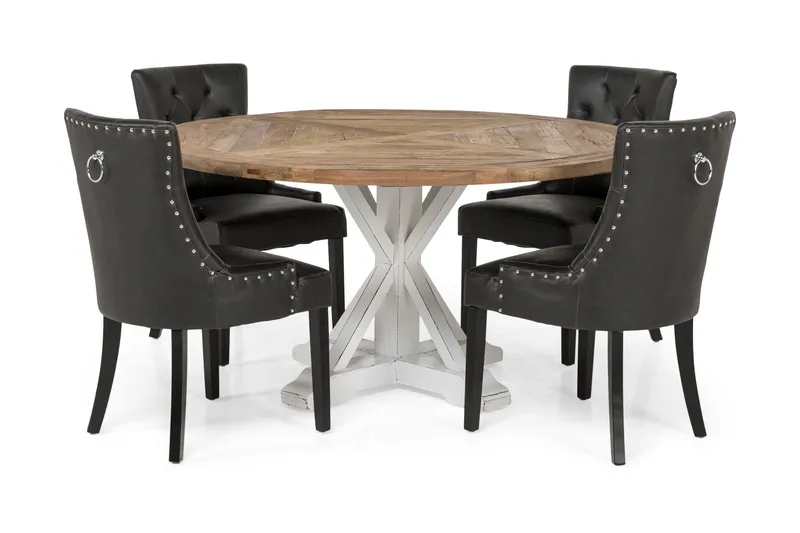 Ruokailuryhmä Yorkshire 150 cm Pyöreä 4 Hermione tuolia, Vintage Jalava/Valk/Musta PU