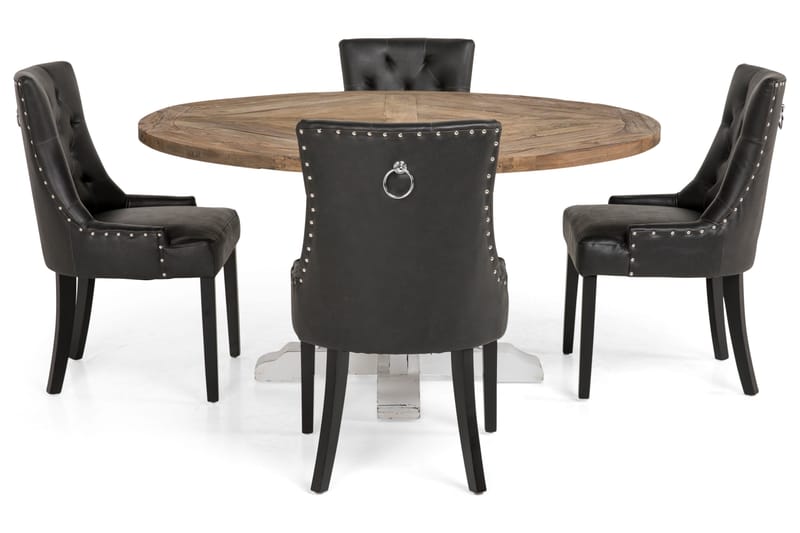 Ruokailuryhmä Yorkshire 150 cm Pyöreä 4 Hermione tuolia - Vintage Jalava/Valk/Musta PU - Huonekalut - Pöytä & ruokailuryhmä - Ruokailuryhmä