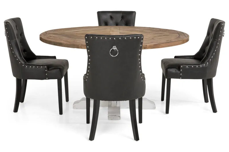 Ruokailuryhmä Yorkshire 150 cm Pyöreä 4 Hermione tuolia - Vintage Jalava/Valk/Musta PU - Huonekalut - Pöytä & ruokailuryhmä - Ruokailuryhmä