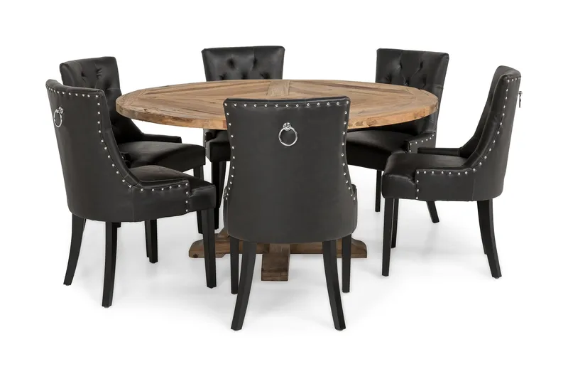 Ruokailuryhmä Yorkshire 150 cm Pyöreä 6 Hermione tuolia - Vintage Jalava/Musta PU - Huonekalut - Pöytä & ruokailuryhmä - Ruokailuryhmä