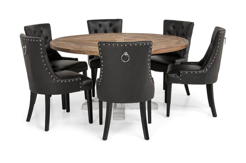 Ruokailuryhmä Yorkshire 150 cm Pyöreä 6 Hermione tuolia - Vintage Jalava/Valk/Musta PU - Huonekalut - Pöytä & ruokailuryhmä - Ruokailuryhmä