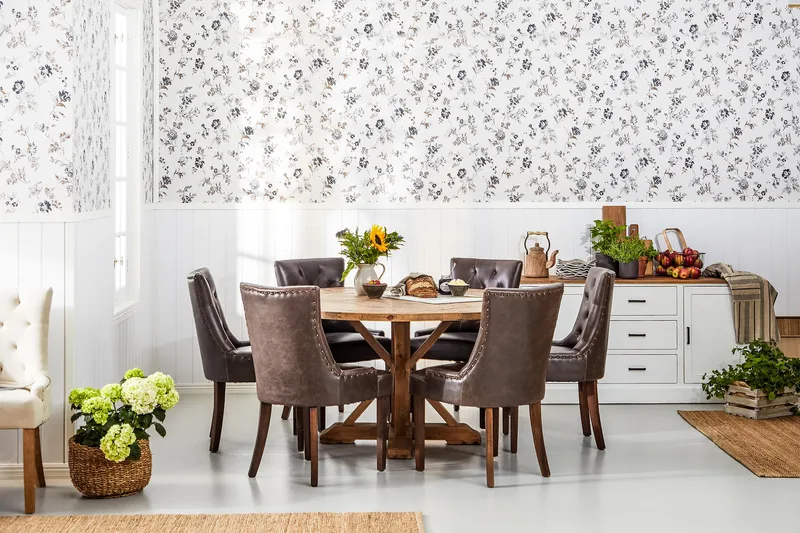 Ruokailuryhmä Yorkshire 150 cm Pyöreä 6 Hermione tuolia - Vintage Jalava/Ruskea PU - Huonekalut - Pöytä & ruokailuryhmä - Ruokailuryhmä