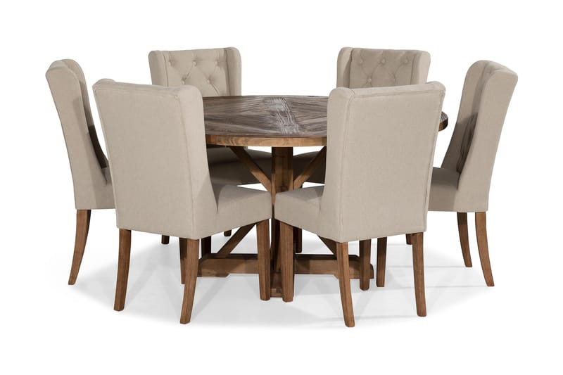 Ruokailuryhmä Yorkshire 150 cm Pyöreä 6 Isolde tuolia - Vintage Jalava/Beige - Huonekalut - Pöytä & ruokailuryhmä - Ruokailuryhmä