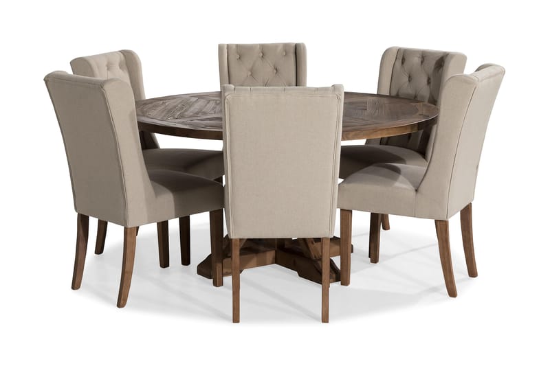 Ruokailuryhmä Yorkshire 150 cm Pyöreä 6 Isolde tuolia - Vintage Jalava/Beige - Huonekalut - Pöytä & ruokailuryhmä - Ruokailuryhmä