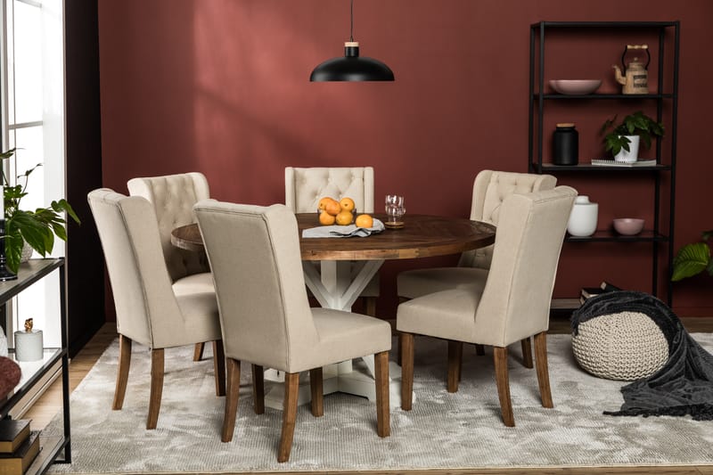 Ruokailuryhmä Yorkshire 150 cm Pyöreä 6 Isolde tuolia - Vintage Jalava/Beige - Huonekalut - Pöytä & ruokailuryhmä - Ruokailuryhmä