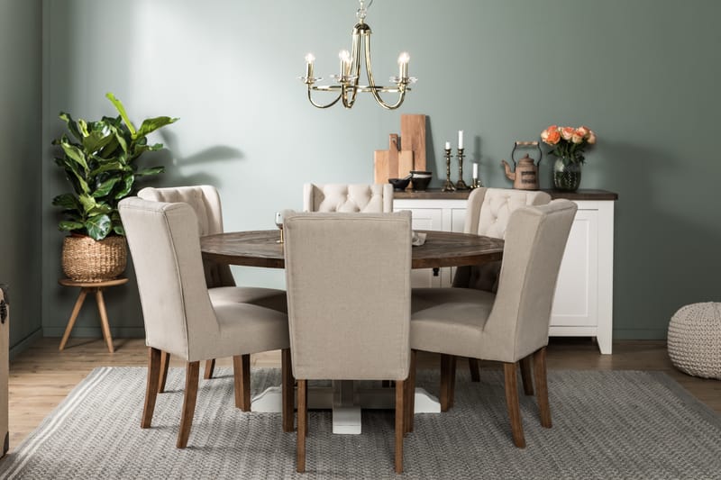 Ruokailuryhmä Yorkshire 150 cm Pyöreä 6 Isolde tuolia - Vintage Jalava/Beige - Huonekalut - Pöytä & ruokailuryhmä - Ruokailuryhmä