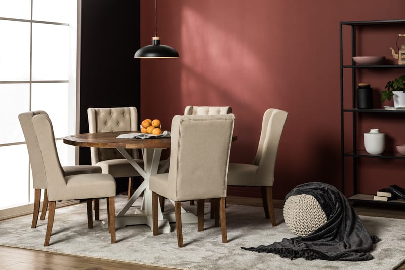 Ruokailuryhmä Yorkshire 150 cm Pyöreä 6 Isolde tuolia - Vintage Jalava/Beige - Huonekalut - Pöytä & ruokailuryhmä - Ruokailuryhmä