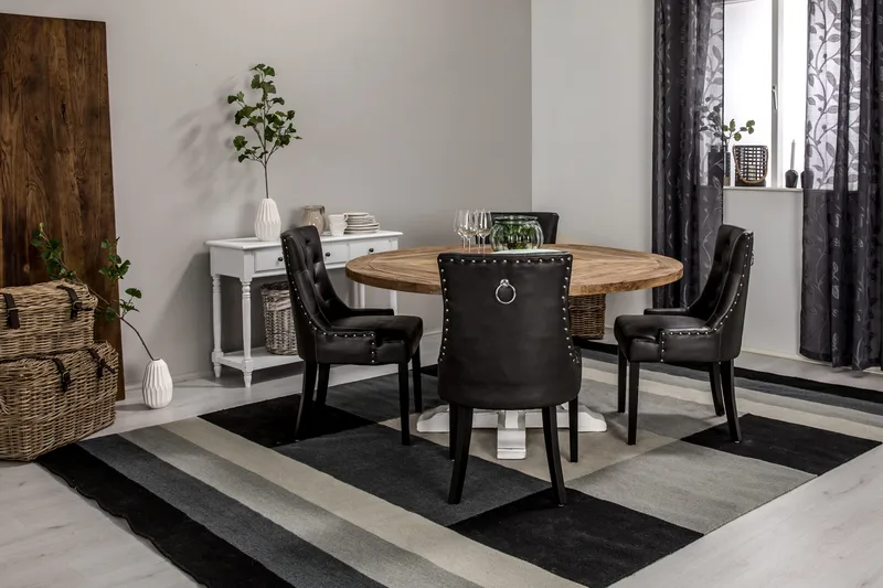 Ruokailuryhmä Yorkshire 150 cm Pyöreä 4 Hermione tuolia - Vintage Jalava/Valk/Musta PU - Huonekalut - Pöytä & ruokailuryhmä - Ruokailuryhmä