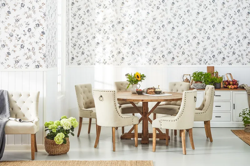 Ruokailuryhmä Yorkshire 150 cm Pyöreä 6 Ophelia tuolia - Vintage Jalava/Beige - Huonekalut - Pöytä & ruokailuryhmä - Ruokailuryhmä