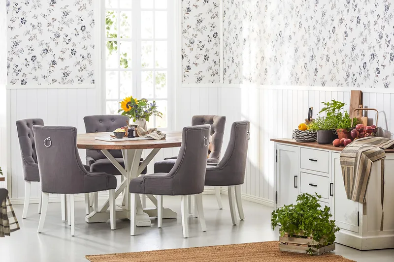 Ruokailuryhmä Yorkshire 150 cm Pyöreä 6 Ophelia tuolia - Ruskea/Tummanharmaa - Huonekalut - Pöytä & ruokailuryhmä - Ruokailuryhmä