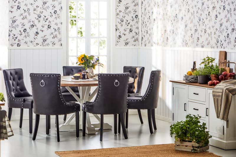 Ruokailuryhmä Yorkshire 150 cm Pyöreä 6 Hermione tuolia - Vintage Jalava/Valk/Musta PU - Huonekalut - Pöytä & ruokailuryhmä - Ruokailuryhmä