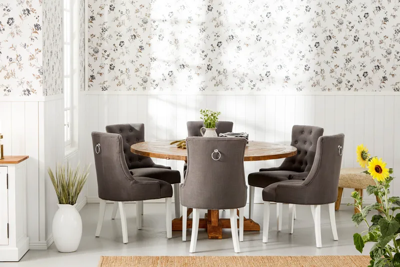 Ruokailuryhmä Yorkshire 150 cm Pyöreä 6 Ophelia tuolia - Vintage Jalava/Harmaa/Valk - Huonekalut - Pöytä & ruokailuryhmä - Ruokailuryhmä