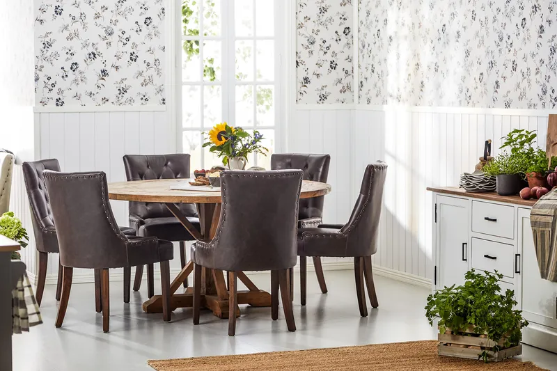 Ruokailuryhmä Yorkshire 150 cm Pyöreä 6 Hermione tuolia - Vintage Jalava/Ruskea PU - Huonekalut - Pöytä & ruokailuryhmä - Ruokailuryhmä