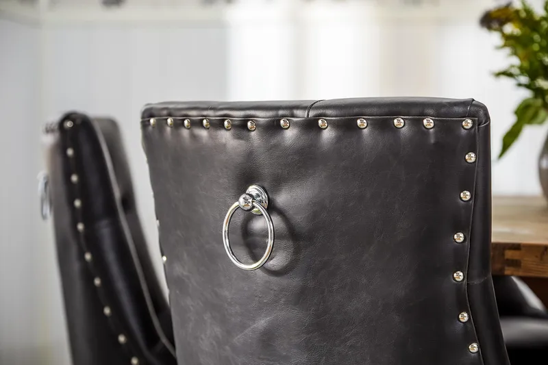 Ruokailuryhmä Yorkshire 150 cm Pyöreä 6 Hermione tuolia - Vintage Jalava/Musta PU - Huonekalut - Pöytä & ruokailuryhmä - Ruokailuryhmä