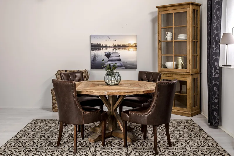 Ruokailuryhmä Yorkshire 150 cm Pyöreä 4 Hermione tuolia - Vintage Jalava/Ruskea PU - Huonekalut - Pöytä & ruokailuryhmä - Ruokailuryhmä