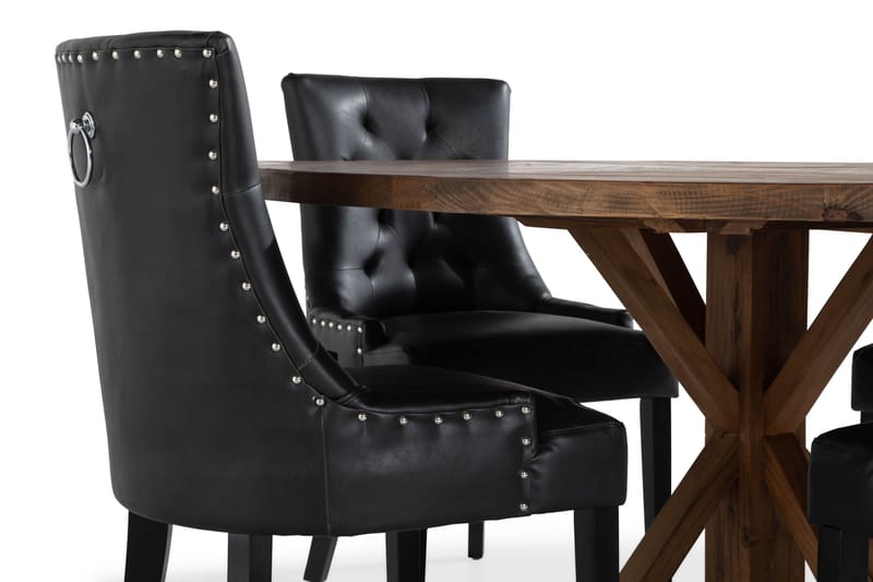 Ruokailuryhmä Yorkshire 150 cm Pyöreä 4 Hermione tuolia - Vintage Jalava/Musta PU - Huonekalut - Pöytä & ruokailuryhmä - Ruokailuryhmä