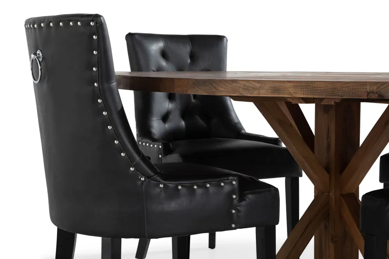 Ruokailuryhmä Yorkshire 150 cm Pyöreä 4 Hermione tuolia - Vintage Jalava/Musta PU - Huonekalut - Pöytä & ruokailuryhmä - Ruokailuryhmä