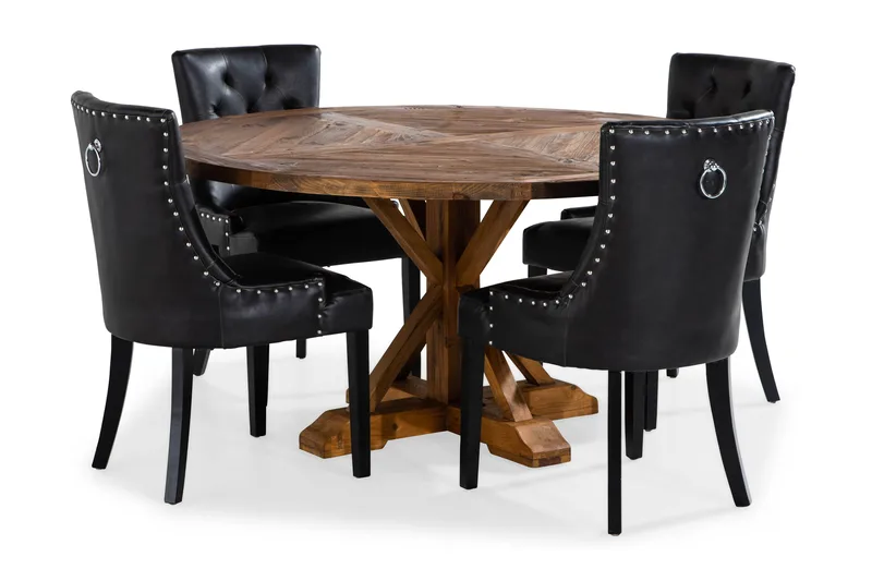 Ruokailuryhmä Yorkshire 150 cm Pyöreä 4 Hermione tuolia, Vintage Jalava/Musta PU