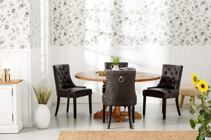 Ruokailuryhmä Yorkshire 150 cm Pyöreä 4 Hermione tuolia - Vintage Jalava/Musta PU - Huonekalut - Pöytä & ruokailuryhmä - Ruokailuryhmä