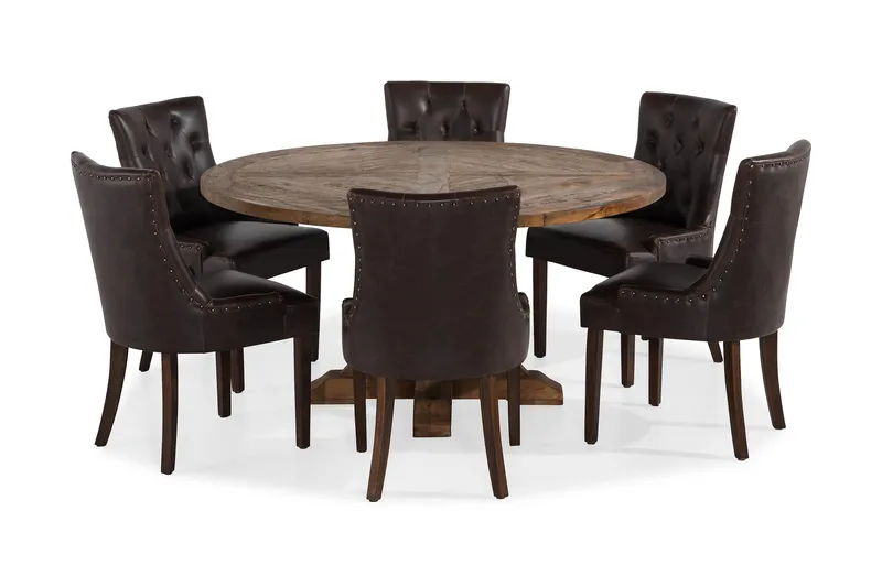 Ruokailuryhmä Yorkshire 150 cm Pyöreä 6 Hermione tuolia - Vintage Jalava/Ruskea PU - Huonekalut - Pöytä & ruokailuryhmä - Ruokailuryhmä