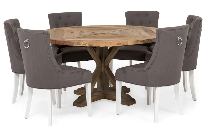 Ruokailuryhmä Yorkshire 150 cm Pyöreä 6 Ophelia tuolia - Vintage Jalava/Harmaa/Valk - Huonekalut - Pöytä & ruokailuryhmä - Ruokailuryhmä