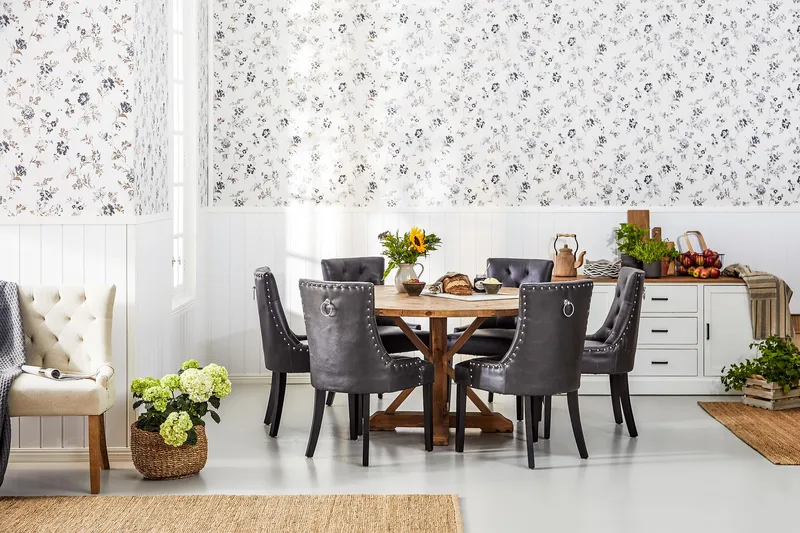 Ruokailuryhmä Yorkshire 150 cm Pyöreä 6 Hermione tuolia - Vintage Jalava/Musta PU - Huonekalut - Pöytä & ruokailuryhmä - Ruokailuryhmä