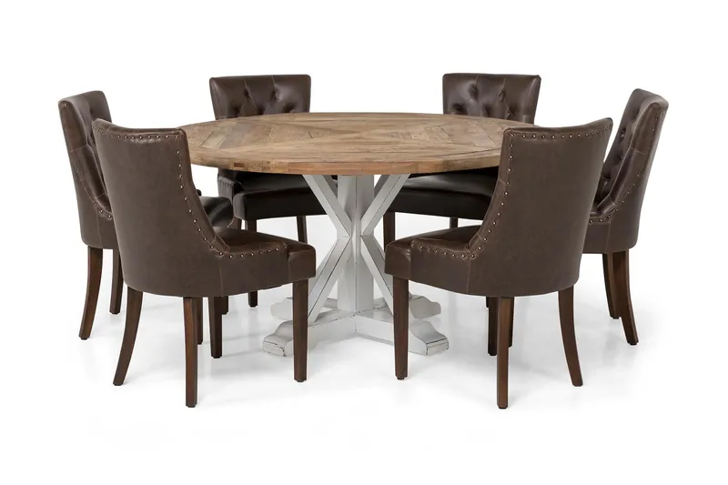 Ruokailuryhmä Yorkshire 150 cm Pyöreä 6 Hermione tuolia, Vintage Luonnonväri/Valk/Ruske