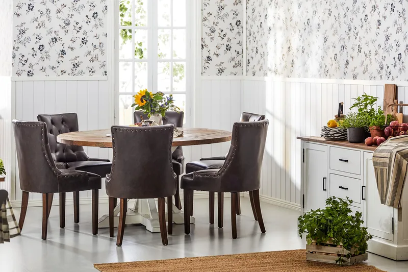 Ruokailuryhmä Yorkshire 150 cm Pyöreä 6 Hermione tuolia - Vintage Luonnonväri/Valk/Ruske - Huonekalut - Pöytä & ruokailuryhmä - Ruokailuryhmä