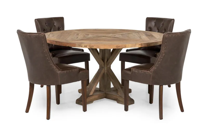 Ruokailuryhmä Yorkshire 150 cm Pyöreä 4 Hermione tuolia, Vintage Jalava/Ruskea PU