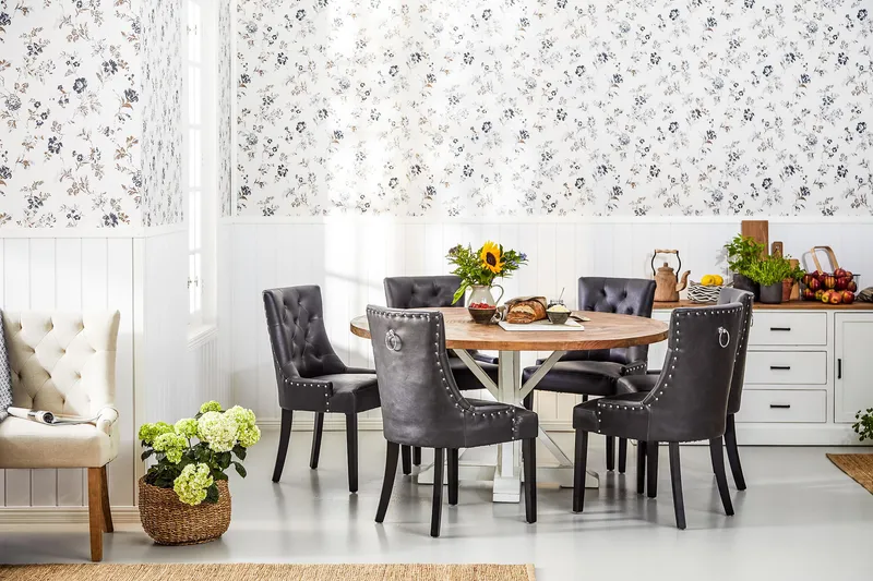 Ruokailuryhmä Yorkshire 150 cm Pyöreä 6 Hermione tuolia - Vintage Jalava/Valk/Musta PU - Huonekalut - Pöytä & ruokailuryhmä - Ruokailuryhmä